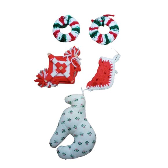 Vintage Handmade Primitive Christmas Ornaments Set Crochet Knit Fabric 5pc - Picture 10 of 13